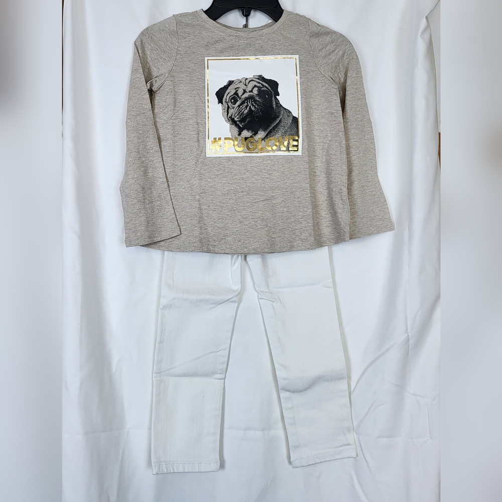 Crazy 8‎ Girls White Jeans Heathered Tan Pug Love Long Sleeve Outfit Set 4T New